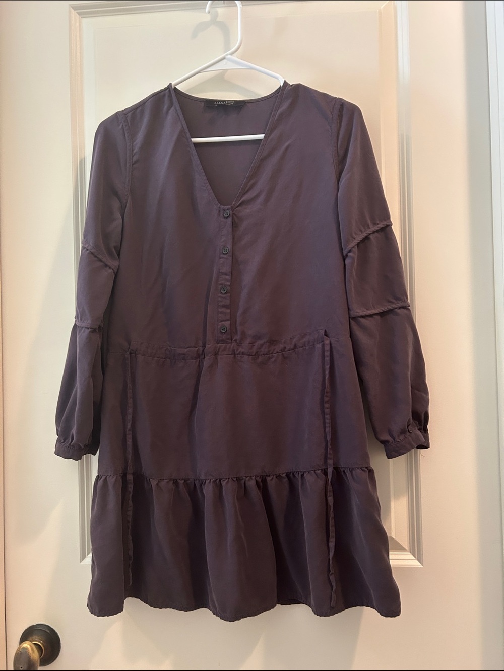 All Saints 100%Modal Tiered Ruffle V-Neck 1/2 button Dress Long sleeve size 2